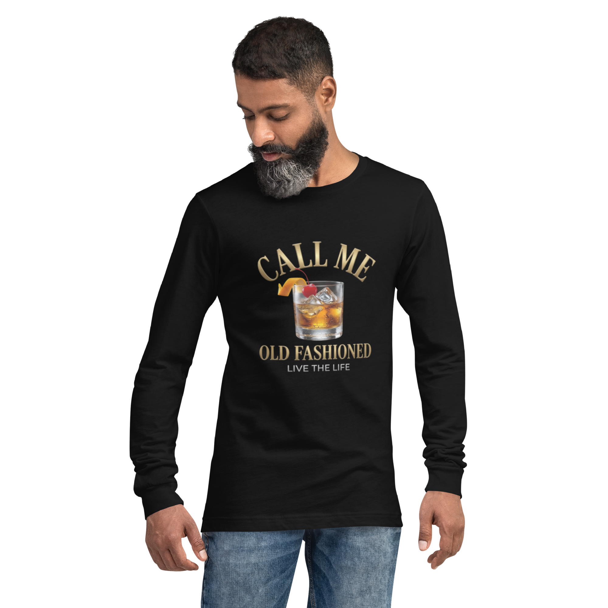Man wearing a black long-sleeve shirt with an 'Old Fashioned' graphic and text.